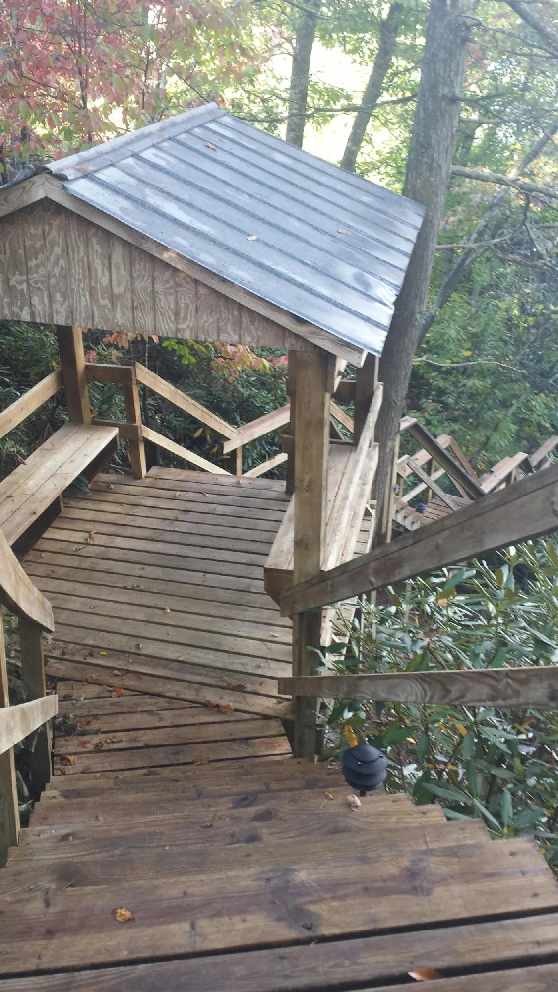 Metal roofed shelter over wooden steps on a wooded walkway — Skylight Repair & Installation work by our crew in Bayport